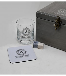 Kişiye Özel Tekli Ahşap Kutulu Lüx Viski Kadehi Bardak Altı Granit Viski Soğutma Taşı Seti